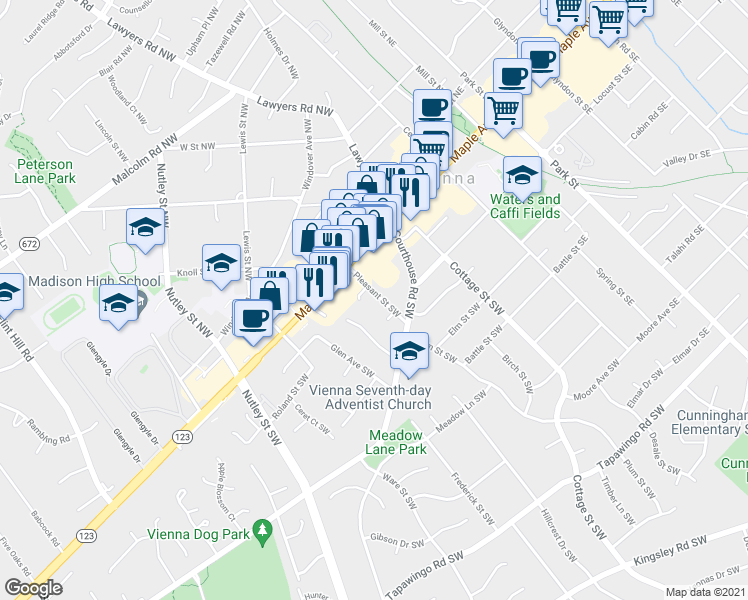 map of restaurants, bars, coffee shops, grocery stores, and more near 217 Pleasant Street Southwest in Vienna