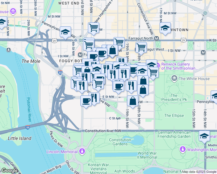 map of restaurants, bars, coffee shops, grocery stores, and more near 2030 F Street Northwest in Washington