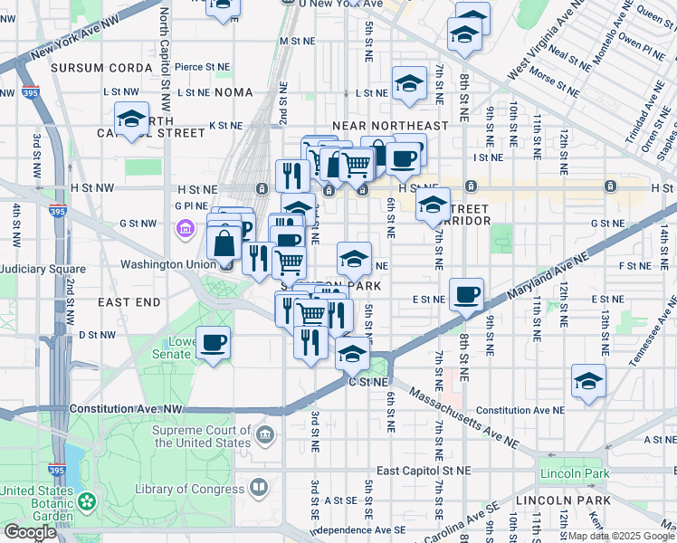 map of restaurants, bars, coffee shops, grocery stores, and more near 331 F Street Northeast in Washington