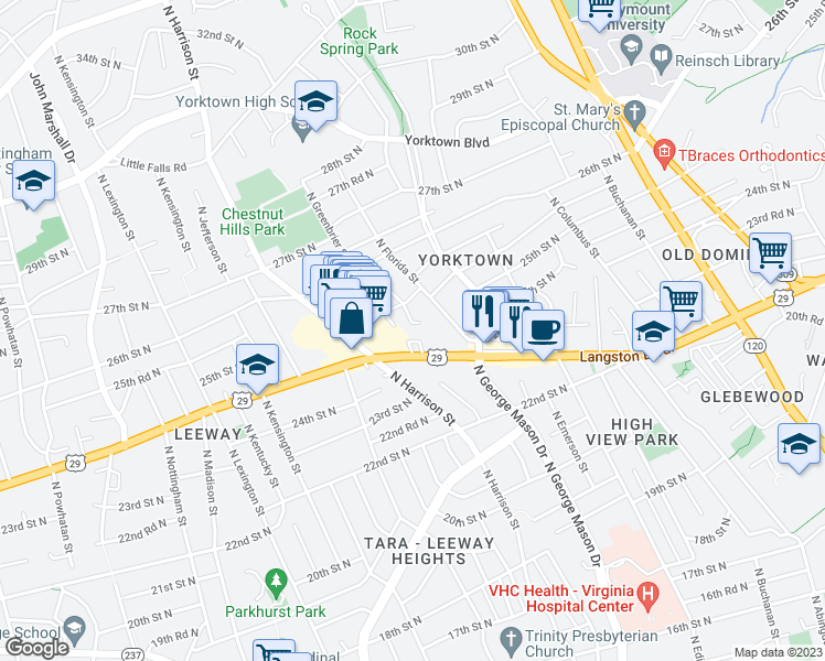 map of restaurants, bars, coffee shops, grocery stores, and more near 2504 North Granada Street in Arlington