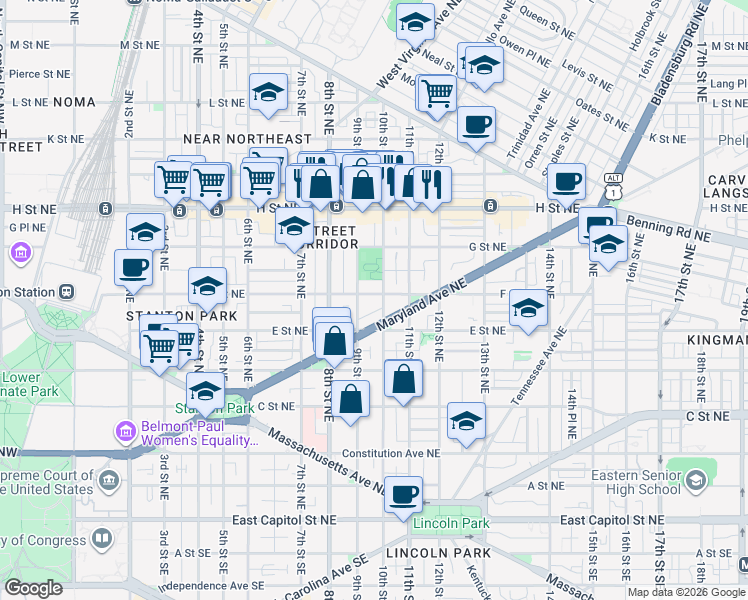 map of restaurants, bars, coffee shops, grocery stores, and more near 101 Independence Avenue Southeast in Washington