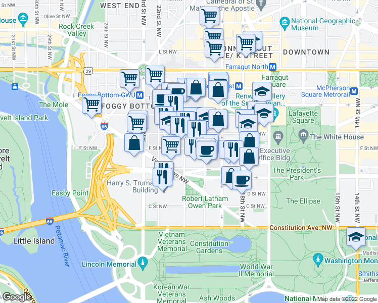 map of restaurants, bars, coffee shops, grocery stores, and more near 2030 F Street Northwest in Washington