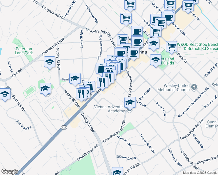 map of restaurants, bars, coffee shops, grocery stores, and more near 328 Maple Avenue West in Vienna