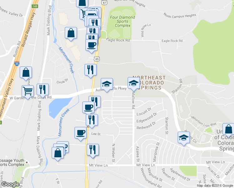 map of restaurants, bars, coffee shops, grocery stores, and more near 301 Austin Bluffs Parkway in Colorado Springs