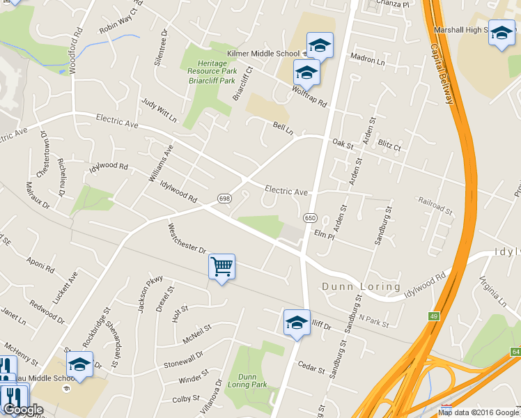 map of restaurants, bars, coffee shops, grocery stores, and more near 2324 Wheystone Court in Vienna