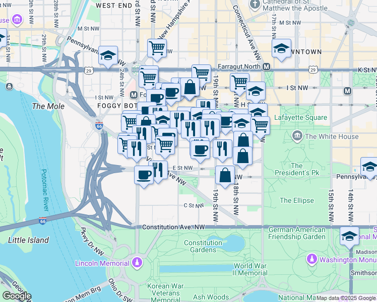 map of restaurants, bars, coffee shops, grocery stores, and more near 101 Independence Avenue Southeast in Washington