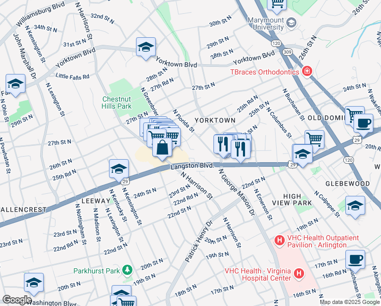 map of restaurants, bars, coffee shops, grocery stores, and more near 2504 North Granada Street in Arlington