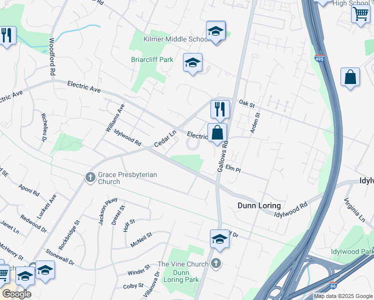 map of restaurants, bars, coffee shops, grocery stores, and more near 2324 Wheystone Court in Vienna