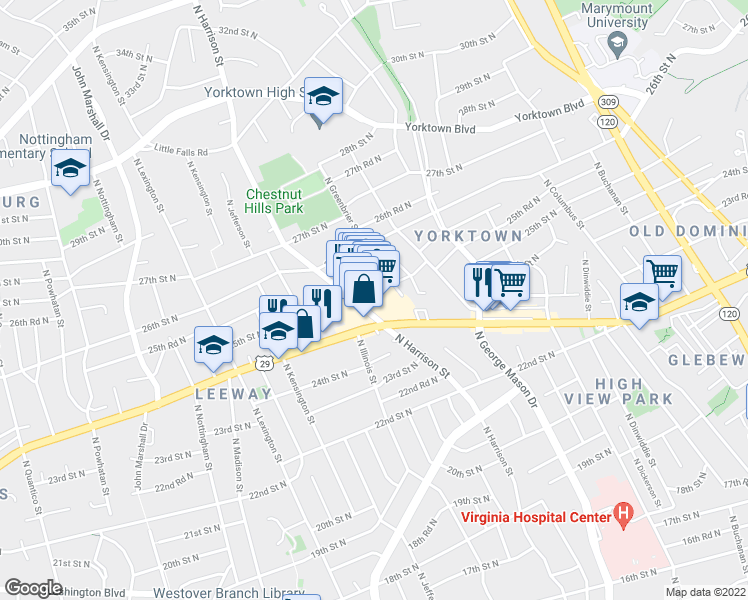 map of restaurants, bars, coffee shops, grocery stores, and more near 2425 North Harrison Street in Arlington