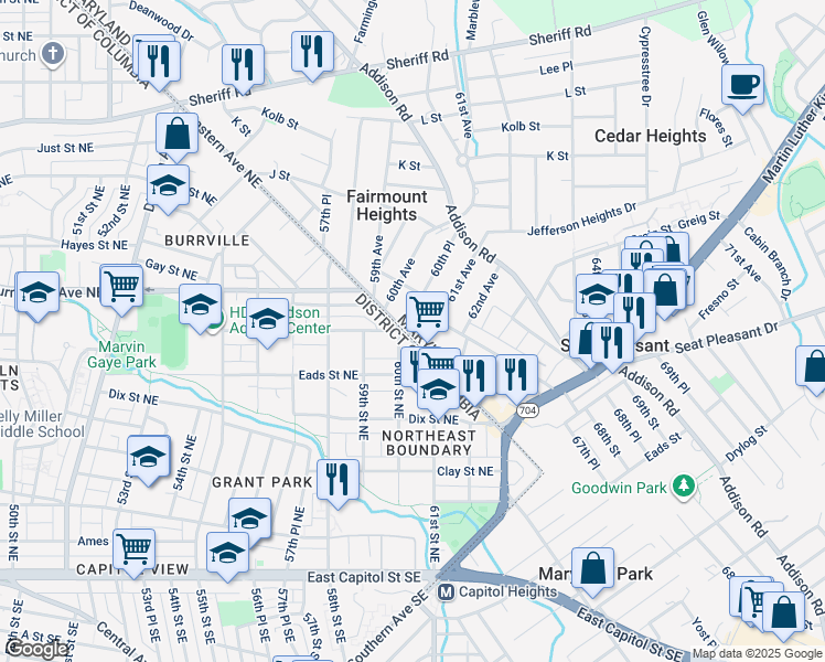 map of restaurants, bars, coffee shops, grocery stores, and more near 101 Independence Avenue Southeast in Washington