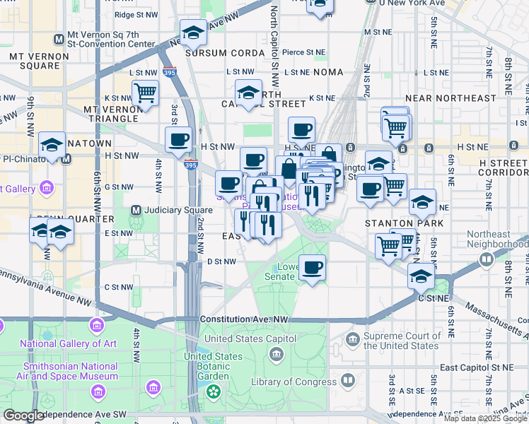 map of restaurants, bars, coffee shops, grocery stores, and more near 101 Independence Avenue Southeast in Washington