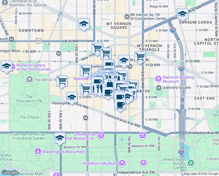 map of restaurants, bars, coffee shops, grocery stores, and more near 101 Independence Avenue Southeast in Washington