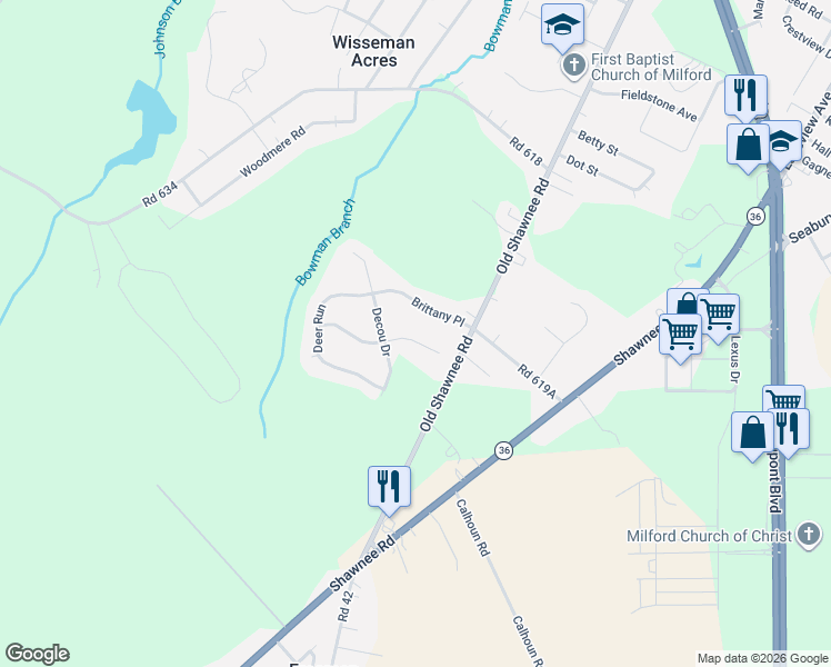 map of restaurants, bars, coffee shops, grocery stores, and more near 17120 Turtle Hill Road in Milford