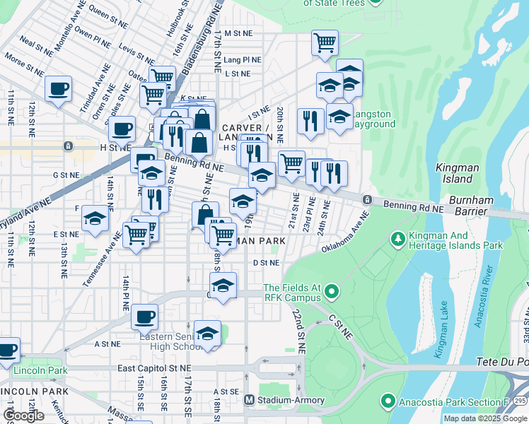 map of restaurants, bars, coffee shops, grocery stores, and more near 101 Independence Avenue Southeast in Washington
