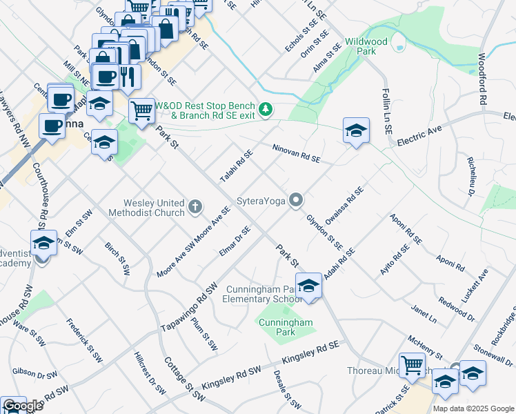 map of restaurants, bars, coffee shops, grocery stores, and more near 206 Elmar Drive Southeast in Vienna