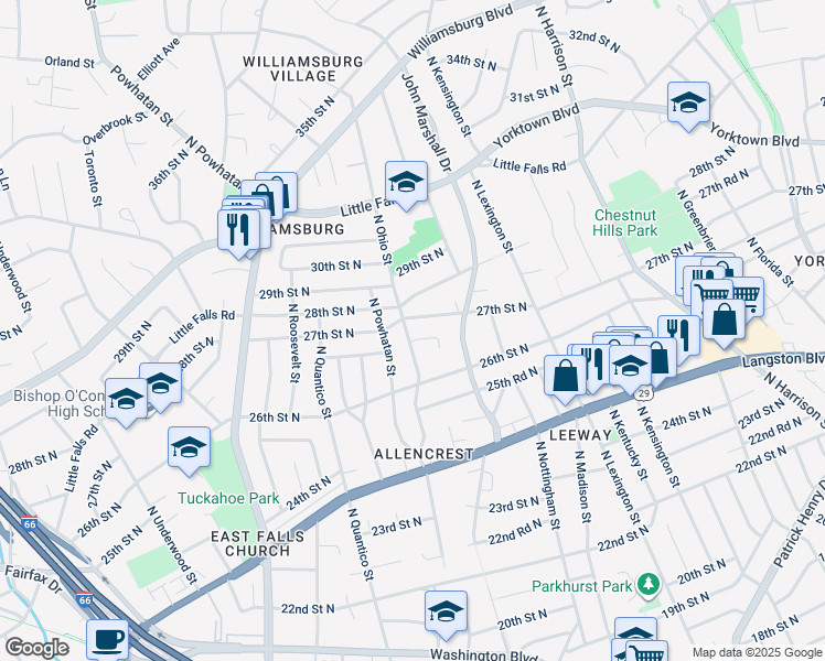 map of restaurants, bars, coffee shops, grocery stores, and more near 2641 North Ohio Street in Arlington