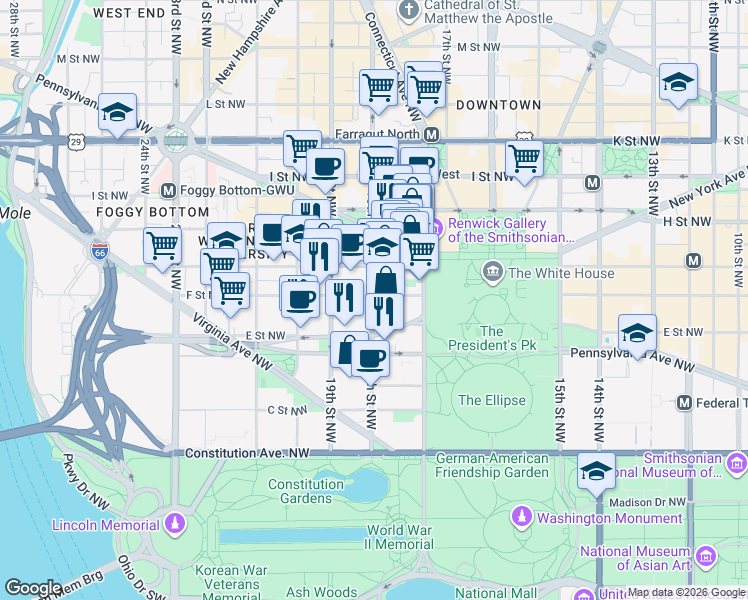 map of restaurants, bars, coffee shops, grocery stores, and more near in Washington
