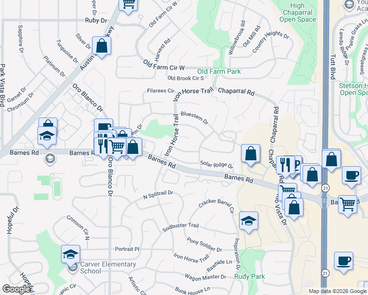 map of restaurants, bars, coffee shops, grocery stores, and more near 5166 Solar Ridge Drive in Colorado Springs