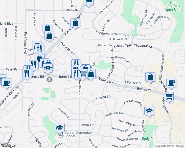 map of restaurants, bars, coffee shops, grocery stores, and more near 4885 Barnes Road in Colorado Springs