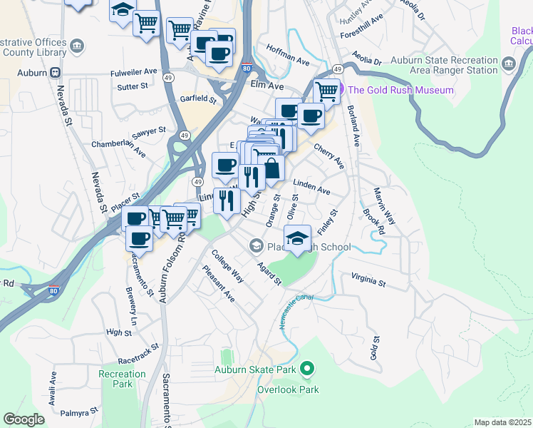 map of restaurants, bars, coffee shops, grocery stores, and more near 199 Orange Street in Auburn