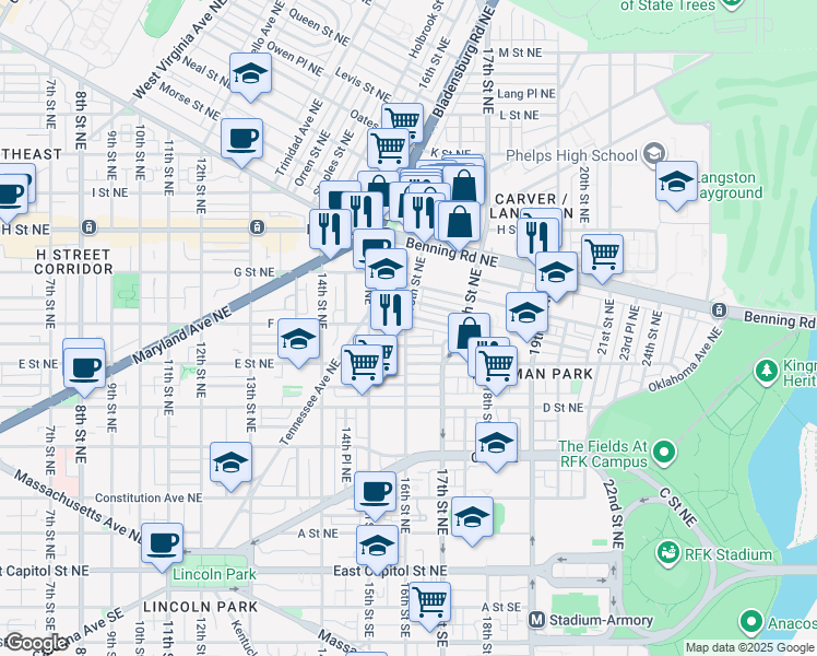 map of restaurants, bars, coffee shops, grocery stores, and more near 101 Independence Avenue Southeast in Washington