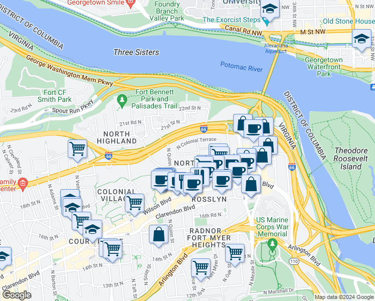 map of restaurants, bars, coffee shops, grocery stores, and more near 101 Independence Avenue Southeast in Washington