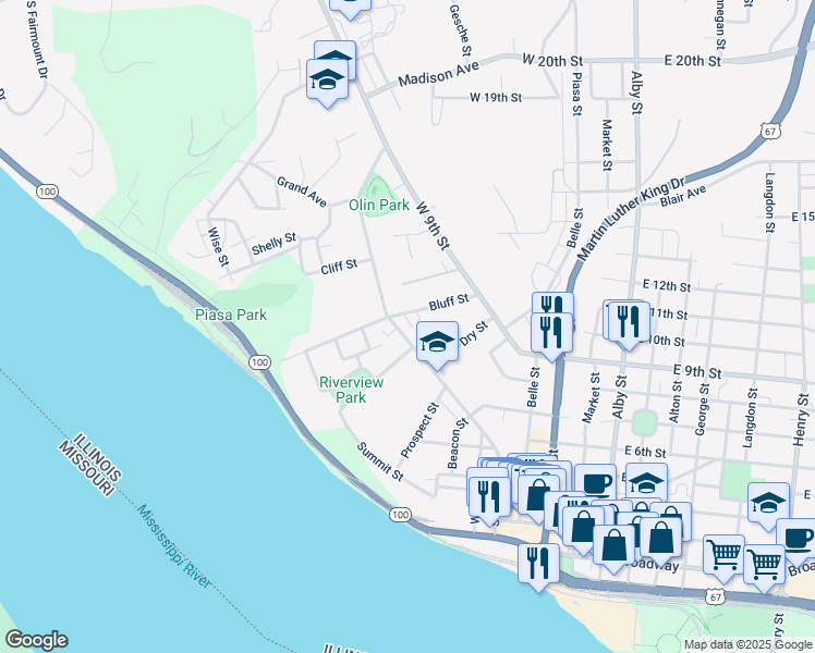 map of restaurants, bars, coffee shops, grocery stores, and more near 918 State Street in Alton