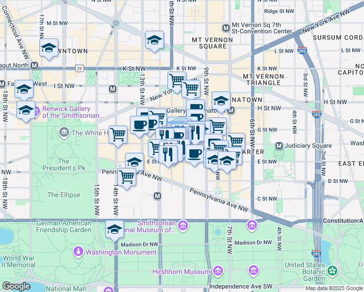 map of restaurants, bars, coffee shops, grocery stores, and more near 1000 F Street Northwest in Washington