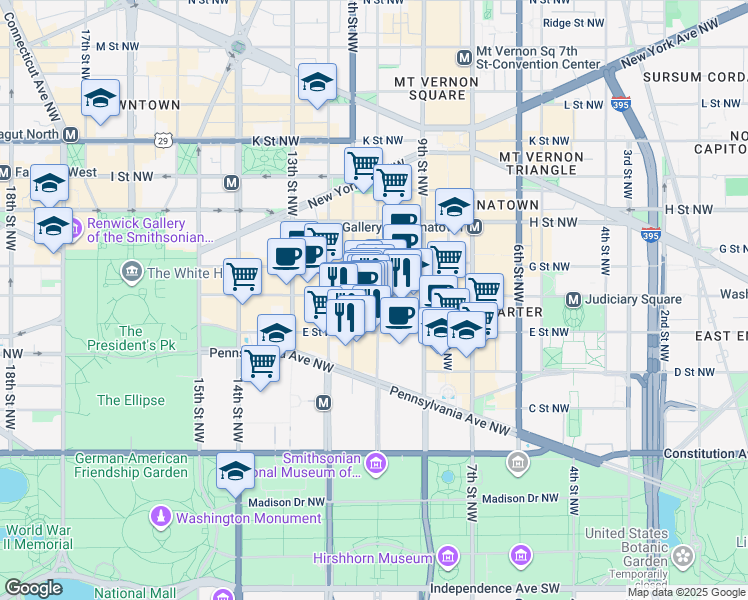 map of restaurants, bars, coffee shops, grocery stores, and more near 1000 F Street Northwest in Washington