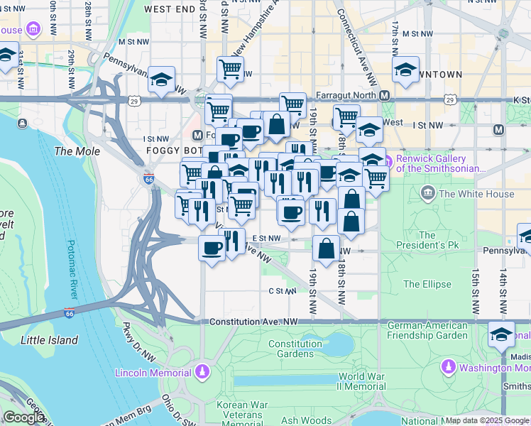 map of restaurants, bars, coffee shops, grocery stores, and more near 2030 F Street Northwest in Washington