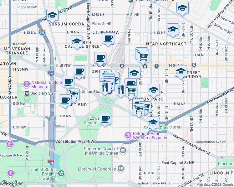 map of restaurants, bars, coffee shops, grocery stores, and more near Union Station Drive Northwest in Washington