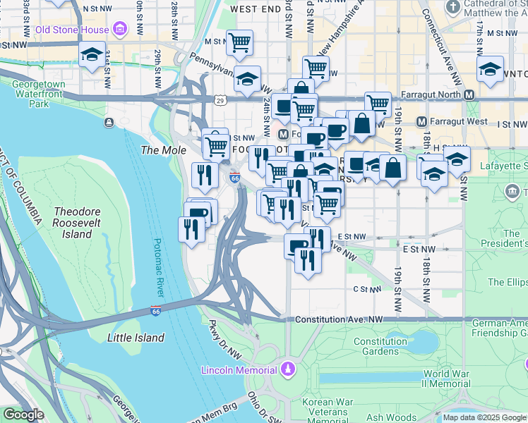 map of restaurants, bars, coffee shops, grocery stores, and more near 2400 Virginia Avenue Northwest in Washington