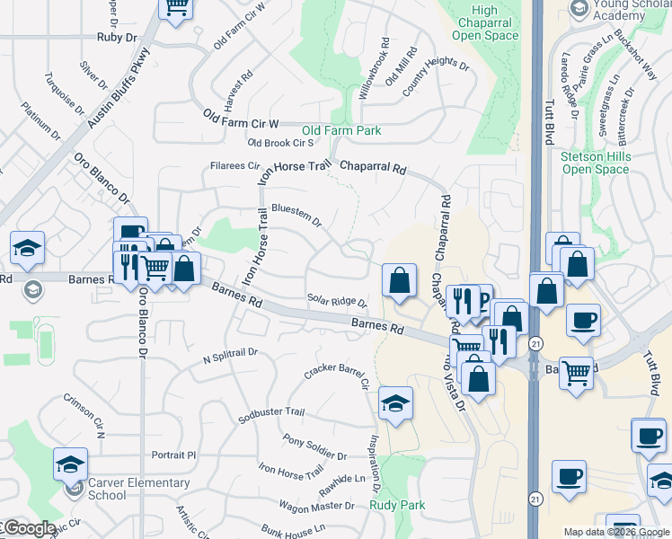 map of restaurants, bars, coffee shops, grocery stores, and more near 5220 Solar Ridge Drive in Colorado Springs