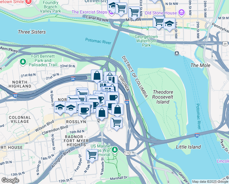 map of restaurants, bars, coffee shops, grocery stores, and more near 1111 19th Street North in Arlington