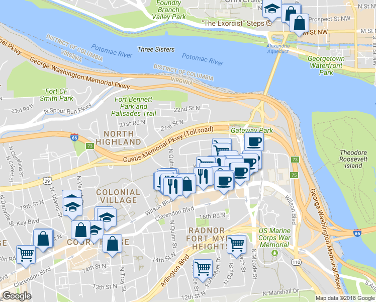 map of restaurants, bars, coffee shops, grocery stores, and more near 1555 19th Street North in Arlington