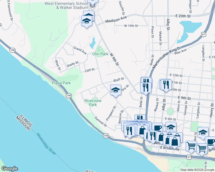 map of restaurants, bars, coffee shops, grocery stores, and more near 918 State Street in Alton