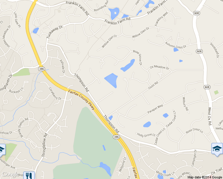 map of restaurants, bars, coffee shops, grocery stores, and more near 12960 Golden Meadow Court in Fairfax