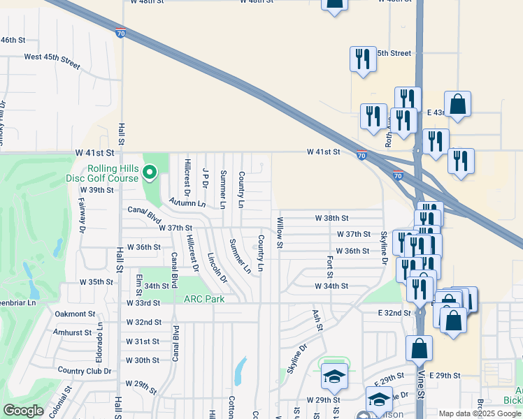 map of restaurants, bars, coffee shops, grocery stores, and more near 312 W 38th St in Hays