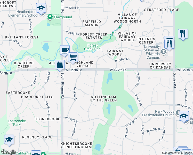 map of restaurants, bars, coffee shops, grocery stores, and more near 12717 Richards Street in Overland Park