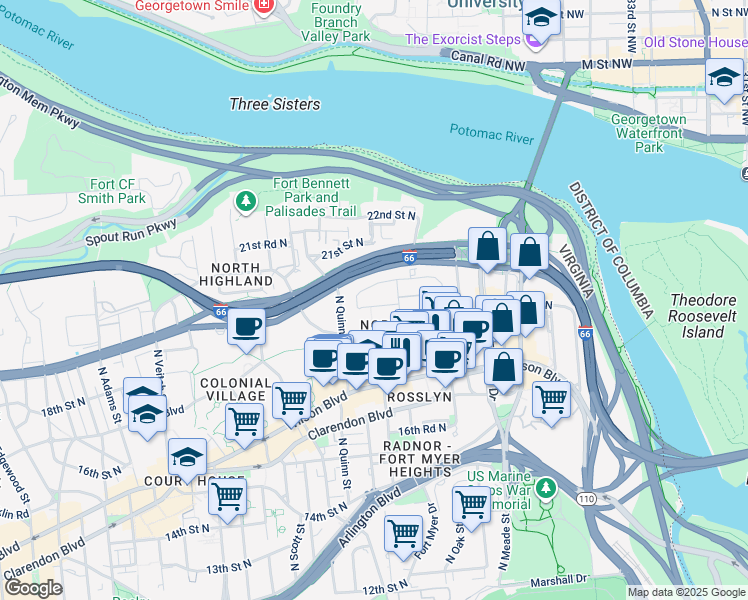 map of restaurants, bars, coffee shops, grocery stores, and more near 1555 19th Street North in Arlington