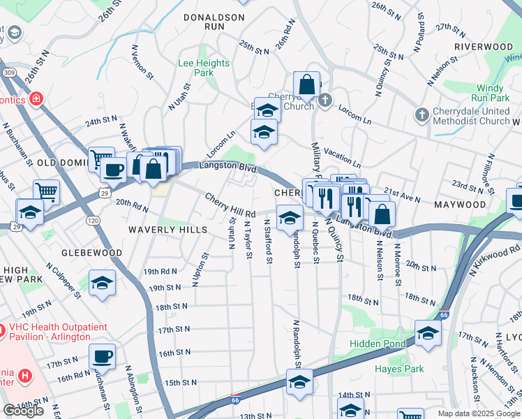 map of restaurants, bars, coffee shops, grocery stores, and more near 4201 Cherry Hill Road in Arlington