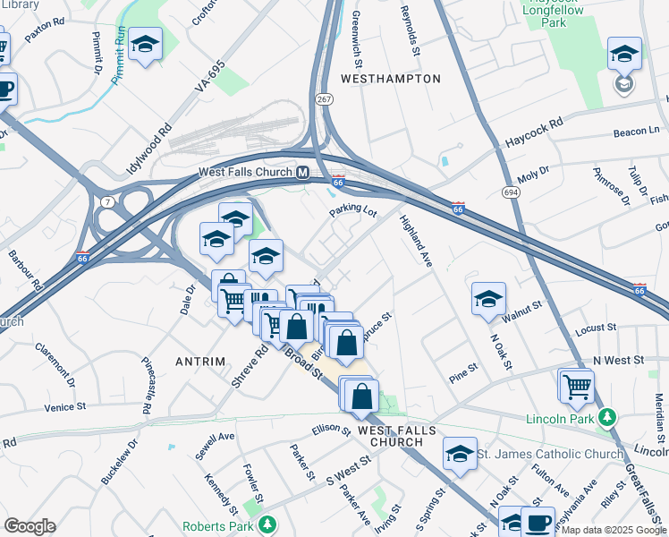 map of restaurants, bars, coffee shops, grocery stores, and more near 7031 Haycock Road in Falls Church