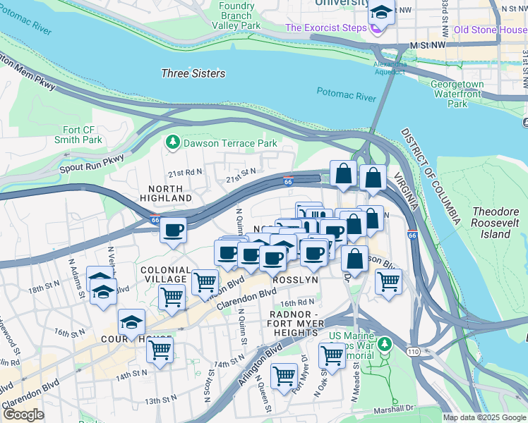 map of restaurants, bars, coffee shops, grocery stores, and more near 101 Independence Avenue Southeast in Washington
