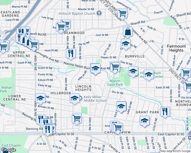 map of restaurants, bars, coffee shops, grocery stores, and more near 601 50th Street Northeast in Washington