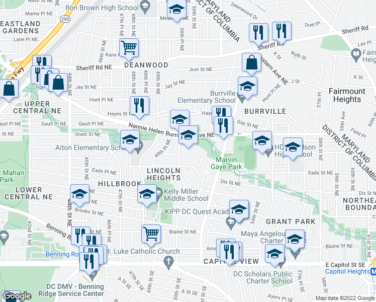 map of restaurants, bars, coffee shops, grocery stores, and more near 601 50th Street Northeast in Washington