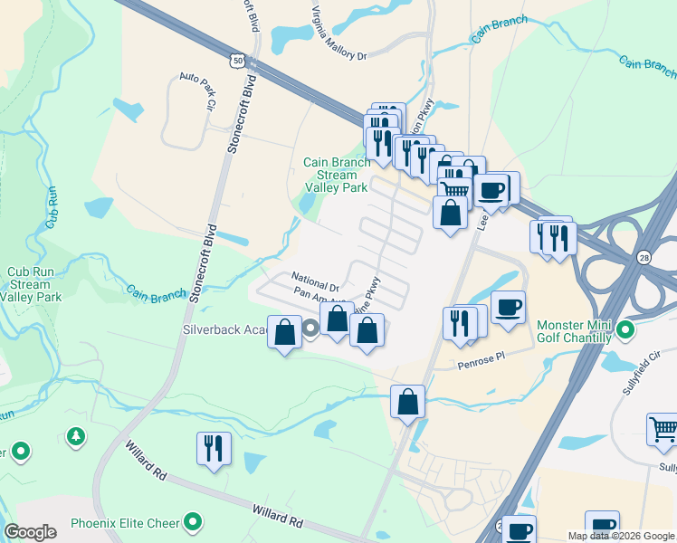 map of restaurants, bars, coffee shops, grocery stores, and more near 4200 Airline Parkway in Chantilly