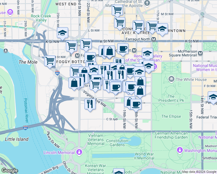 map of restaurants, bars, coffee shops, grocery stores, and more near 101 Independence Avenue Southeast in Washington