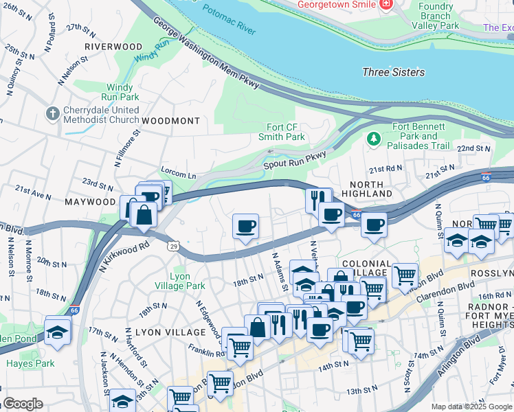 map of restaurants, bars, coffee shops, grocery stores, and more near 2016 North Adams Street in Arlington