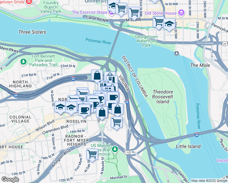 map of restaurants, bars, coffee shops, grocery stores, and more near 1111 19th Street North in Arlington