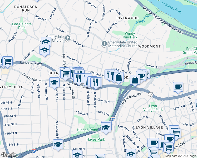 map of restaurants, bars, coffee shops, grocery stores, and more near 2131 North Monroe Street in Arlington